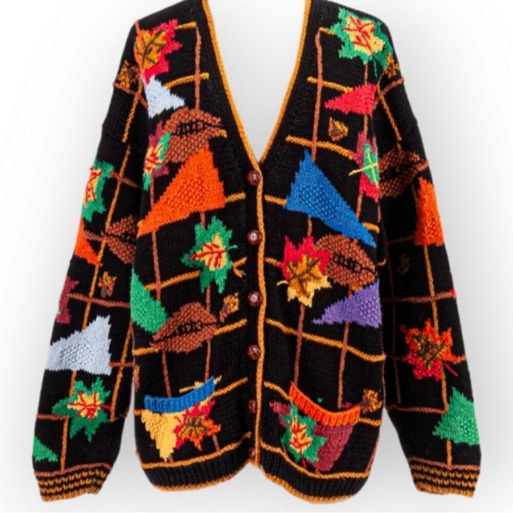RARE Vintage Cardigan Bay Hand Knit Fall Football Leaves Chunky Button S…